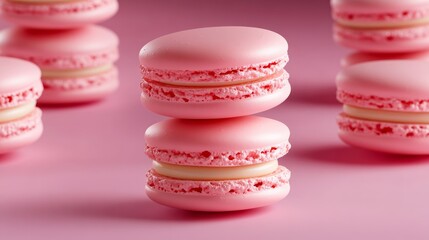 Poster - Pink macarons stacked on top of each other. The pink color of the macarons gives a sense of sweetness and indulgence