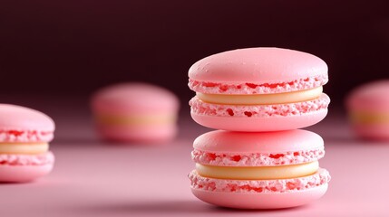 Poster - Two pink macarons stacked on top of each other. The image has a light and airy feel to it, with the macarons being the main focus