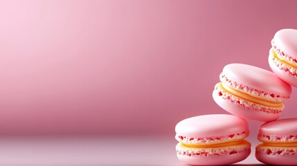Poster - Pink macarons stacked on top of each other. The pink color of the macarons and the pink background create a sense of sweetness and indulgence