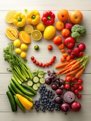 Aufkleber - Colorful Arrangement of Fruits and Vegetables Creates a Smiling Face on a Bright Surface in a Joyful Display of Nutrition