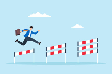 Poster - Flat illustration of ambitious businessman jumps over hurdles facing new obstacle achieve success business challenge solve problem