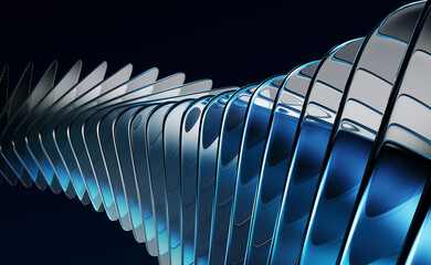 Poster - Abstract black 3d background with glass transparent square plates row, light blue gradient and speed motion effect. Crystal curve wave line pattern. Render futuristic digital tech. 3D illustration