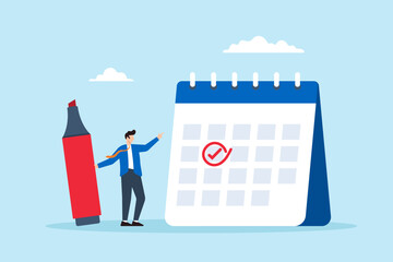 Poster - Flat illustration of businessman circle important date on calendar with highlighter marker event reminder appointment work deadline meeting schedule