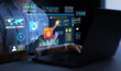 © Mer_Studio - Businessman using KPI dashboard.Financial business data analytics graph dashboard. Management data System KPI connected in database for follow earnings,operations and sales data.