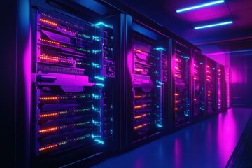 Poster - Colorful illuminated data center with modern servers in a high-tech environment