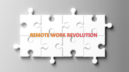 Fototapete - Remote Work Revolution complex like a puzzle - pictured as word remote work revolution on a puzzle pieces to show its complexity. ,3d illustration