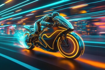 Poster - High-speed motorcycle ride through a neon-lit futuristic city at night