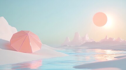 Wall Mural - Pink geometric shape with serene landscape.