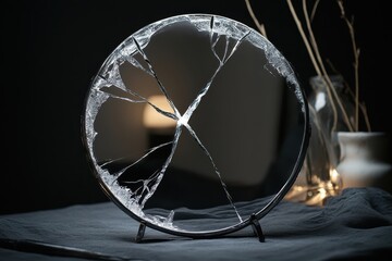 Poster - Broken glass circle displayed on a darkened table with soft lighting and decorative elements