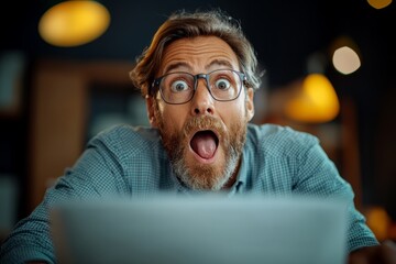 Poster - Man with glasses and a beard is looking at a laptop with an open mouth. He is surprised or shocked by something he saw on the screen