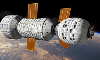 Wall Mural - Futuristic space station orbiting Earth, featuring cylindrical modules and solar panels