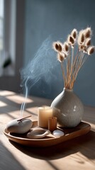 Poster - Soft rays of sunlight filter through a window, illuminating a tranquil setting adorned with incense, candles, and delicate dried flowers, inviting relaxation and peace