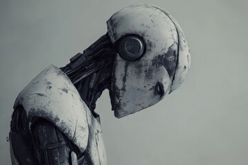 Poster - Humanoid robot with weathered appearance in a neutral setting during daylight hours