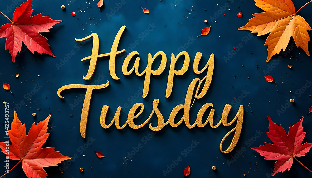 Golden 'Happy Tuesday' Calligraphy with Autumnal Foliage Against Navy  Backdrop Stock Illustration | Adobe Stock