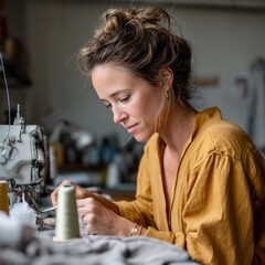 Poster - Focused on her craft, a sustainable fashion designer skillfully stitches garments in a bright, airy workshop filled with natural light and creativity