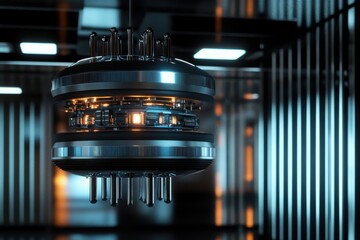 Poster - Futuristic quantum computer with intricate design and glowing circuits in modern lab