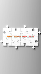Poster - Remote Work Revolution complex like a puzzle - pictured as word remote work revolution on a puzzle pieces to show its complexity. ,3d illustration
