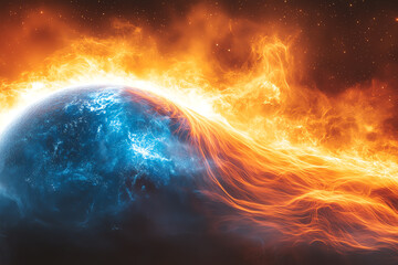 Poster - A breathtaking cosmic scene featuring a fiery sun and swirling blue planet, showcasing the beauty of the universe.