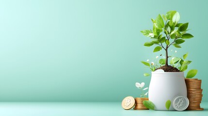 Poster - A plant growing from a pot filled with coins symbolizing the growth and nurturing of financial investments over time