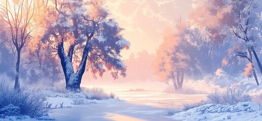 Wall Mural - beautiful winter landscape with trees and a river, foggy sunrise, frosty morning in russia, panorami