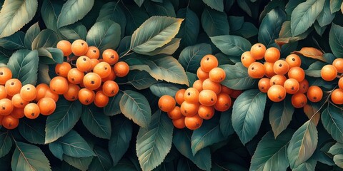 Autumn Close-up of Rowan Berries against Vibrant Fall Leaves, Nature's Palette, Macro Shot
