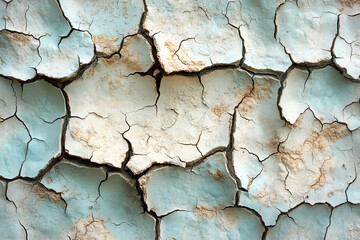 Poster - A close-up view of cracked blue paint on a wall, showcasing texture and weathering effects in a rustic and artistic manner.