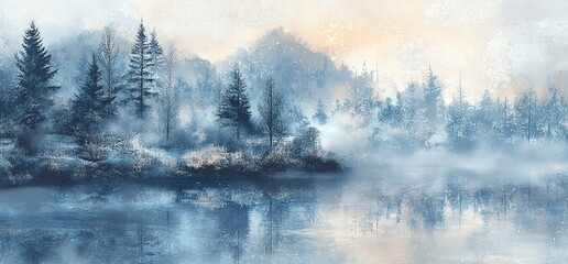 Wall Mural - beautiful winter landscape with trees covered in frost, fog, and mist on the river bank at sunrise. 