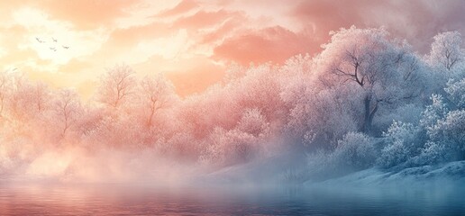 Wall Mural - beautiful winter landscape with trees covered in frost, fog, and mist on the river bank at sunrise. 