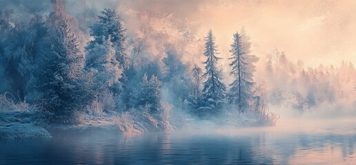 Wall Mural - beautiful winter landscape with trees covered in frost, fog, and mist on the river bank at sunrise. 
