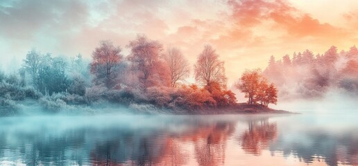 Wall Mural - beautiful winter landscape with trees covered in frost, fog, and mist on the river bank at sunrise. 