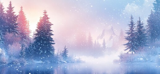 Wall Mural - beautiful winter landscape with trees covered in frost, fog, and mist on the river bank at sunrise. 
