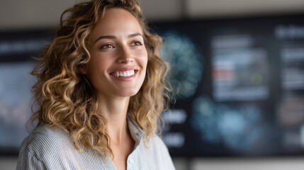 Poster - A confident woman with curly hair smiles warmly while participating in an engaging discussion at a sleek office