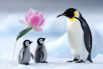 Wall Mural - emperor penguins standing in a group with their young on the ice of antarctica, a realistic photo sh