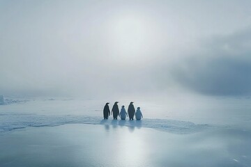 Wall Mural - emperor penguins standing in a group with their young on the ice of antarctica, a realistic photo sh