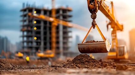 Poster - busy construction site with a large crane and various heavy operating to build a new high rise build
