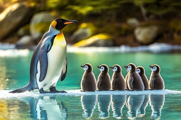 Wall Mural - emperor penguins standing in a group with their young on the ice of antarctica, a realistic photo sh