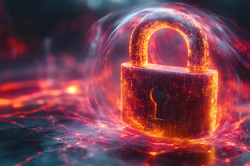 Poster - A glowing, digital padlock symbolizes cybersecurity and data protection amidst a fiery backdrop, representing modern security challenges.