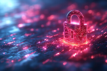 Poster - A glowing digital padlock representing internet security and data protection in a futuristic environment.