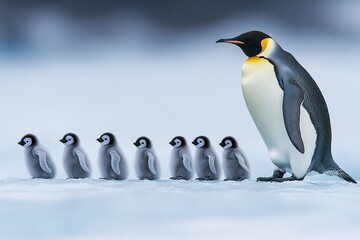 Wall Mural - emperor penguins standing in a group with their young on the ice of antarctica, a realistic photo sh
