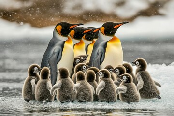 Wall Mural - emperor penguins standing in a group with their young on the ice of antarctica, a realistic photo sh