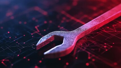 Fototapete - A wrench is on a black background with red and blue lines. The wrench is bent and has a red handle. Concept of technology and machinery