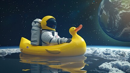 Wall Mural - 1D A comical and whimsical image of an astronaut floating through space on a large inflatable rubber duck, with the Earth glowing in the distance. The lighting is strange.