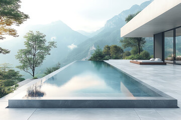 Aufkleber - A serene modern home overlooking a tranquil infinity pool with stunning mountain views, showcasing contemporary architecture and nature.