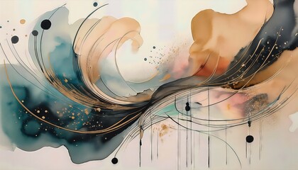 Poster - Vibrant Calligraphic Abstraction in Ink and Watercolor Expressive Swirls and Flickers Echoing the Emotional Energy of an Abstract Landscape, Evoking a Sense of Movement and Flow.