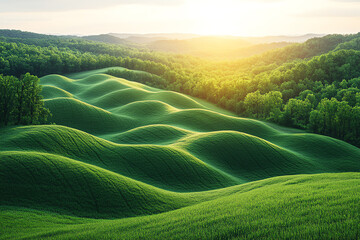 Poster - A serene view of rolling green hills illuminated by soft sunlight, showcasing the beauty of nature's waves and lush vegetation.
