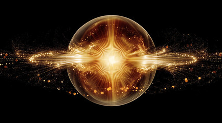 Wall Mural - gold glass bubbles with radiating light energy, crystal, glowing core, liquid sphere, skincare essen