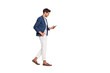 © deagreez - Full length body size view of nice attractive trendy cheerful cheery businessman wearing blue checked blazer using cell reading news feed reviewing feedback isolated over light white pastel background