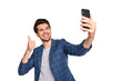 © deagreez - Portrait of his he nice attractive trendy stylish cheerful cheery glad businessman wearing blue checked blazer taking making selfie showing thumbup isolated over light white pastel background