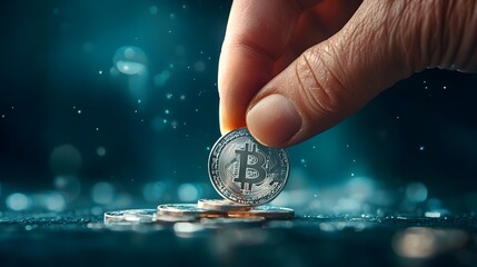 Poster - Hand holding a single Bitcoin cryptocurrency coin representing the digital money and financial technology innovation in the evolving global economy
