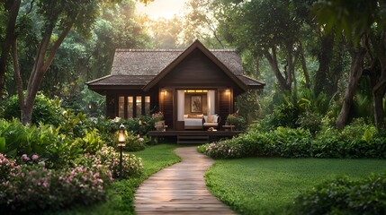 Poster - A charming and secluded wooden cabin surrounded by a well tended garden with a winding pathway leading to the inviting entrance amidst the serene natural setting of a dense forest